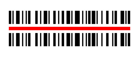 Fototapeta premium Vector fake long barcode illustration with transparent background, featuring double black vertical bars separated by a red line for mockup retail scanning and commerce design.