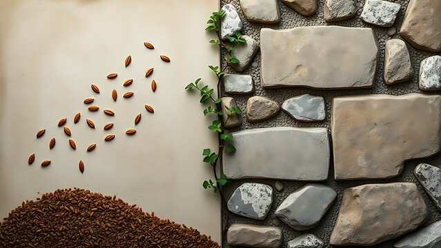 A symbolic diptych of ancient seeds scattering on the wind and weathered stone traditions, connected by a slow, creeping vine.