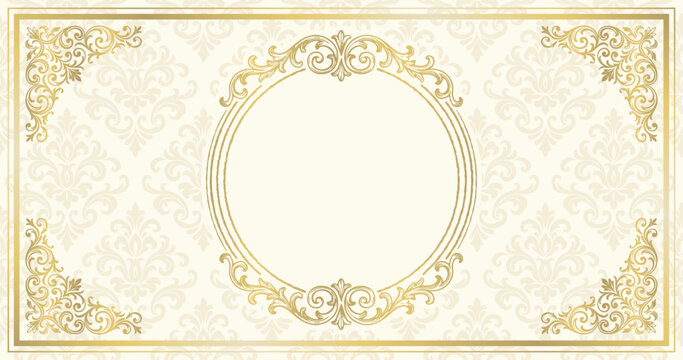 Luxury golden vintage frame background on beige. Blank damask banner with circular copy space.
