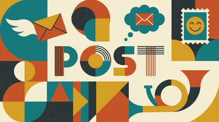 Geometric Retro Poster Design Featuring Postal Service Icons and the Word 'POST' with a Stylized Trumpet and Envelope