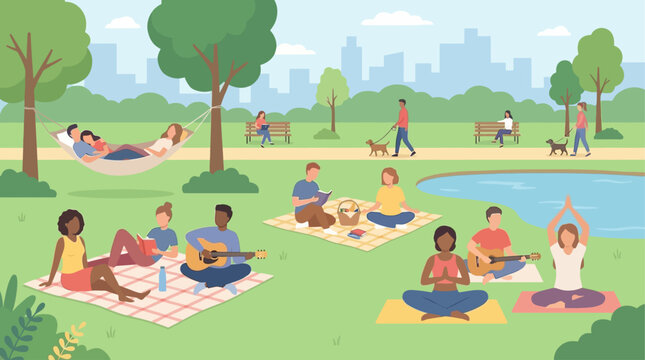 Diverse people enjoying a sunny day in a park, engaging in various leisure activities like picnics and yoga