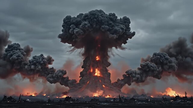 Massive Mushroom Cloud Explosion Ignites Sky Amidst Dark Stormy Clouds and Cityscape Fires Creating a Dramatic