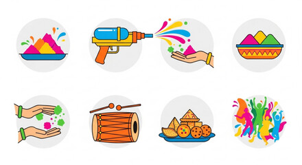Holi festival colorful icon set with powder and water guns