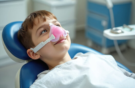 Young boy with pink nasal mask inhales laughing gas in dental chair. Child receives sedation for dental procedure, feels calm and relaxed during treatment. Pediatric dentistry care.