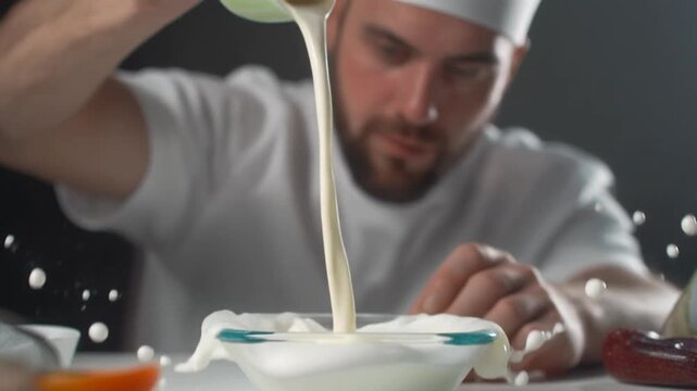 Man startled by milk splashing into a bowl at home