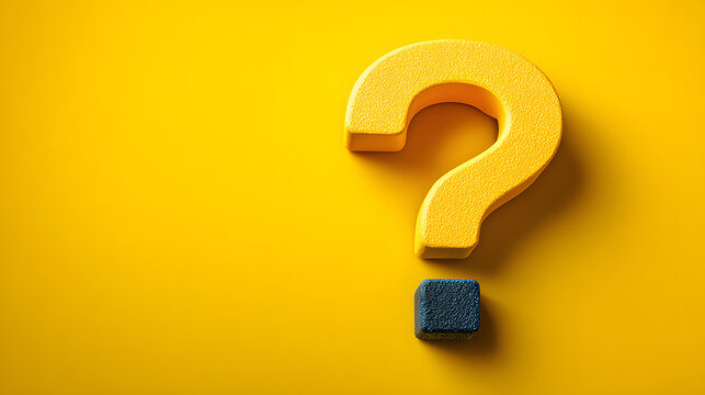 Floating yellow question mark symbol on bold background representing curiosity, inquiry, decision making, uncertainty, and problem solving concepts.
