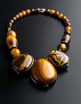 Tiger-eye stone necklace, gradient brown, large central stones, silver clasps on a black surface