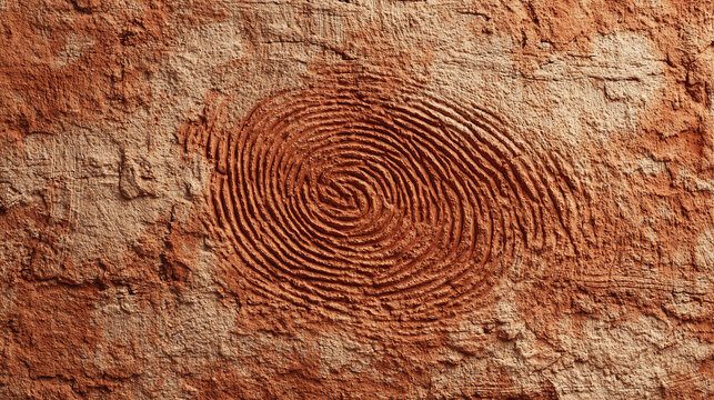 A detailed close-up of a fossilized fingerprint in a sandstone. The intricate ridges and patterns are clearly visible, revealing the details of its structure