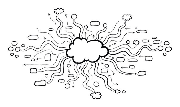 Hand drawn network diagram with a central cloud processing various data flows and connections to diverse information nodes, perfect for visualizing complex systems, brainstorming, and