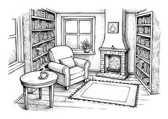 Naklejka premium Warm and inviting reading nook featuring a comfortable armchair, filled bookshelves, and a glowing fireplace, perfect for tranquil relaxation and academic pursuits or home interior design