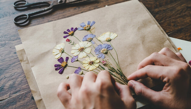 Close-up of hands carefully arranging a beautiful bouquet of pressed dried flowers on craft paper, with scissors nearby.
