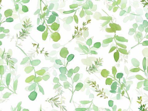 Watercolor botanical seamless pattern with abstract hand painted eucalyptus and thyme for fabric and home decor. Herb textile design.