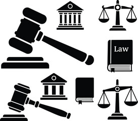 Law and Justice Icon Set with Gavel Scales Court and Book Symbols