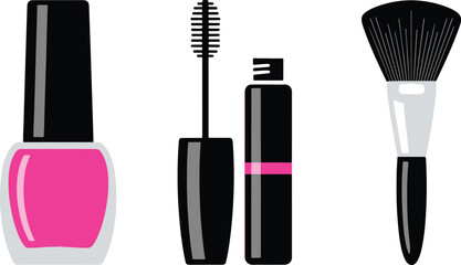 Flat Makeup Cosmetics Icon Set with Nail Polish Mascara Lipstick Brush