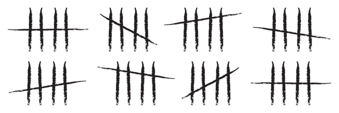 Set of hand-drawn tally marks in a rough, grunge style. Icons of counting to five, often used to symbolize scorekeeping, counting days, survival, or endurance