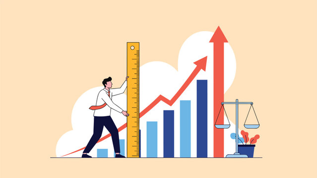 Man measuring a bar chart with a large ruler next to a weighing scale, symbolizing business performance analysis, measurement, and financial evaluation.