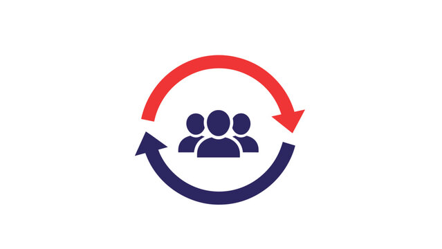 Icon of three people within a circular arrow, symbolizing team collaboration, continuous feedback, user workflow, or iterative process.