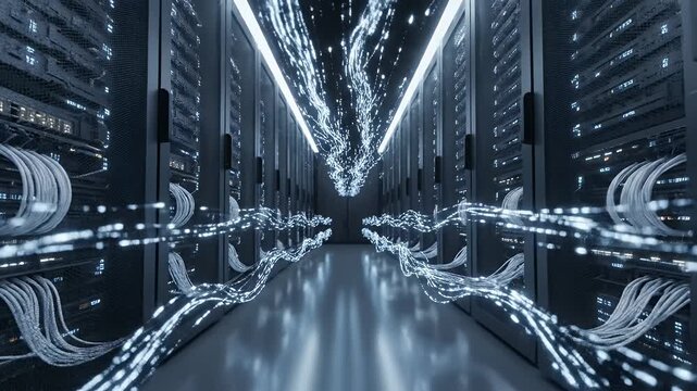 Digital Data Flow Through Rows of Server Racks in a Data Center with Blue and White Lights and Cables