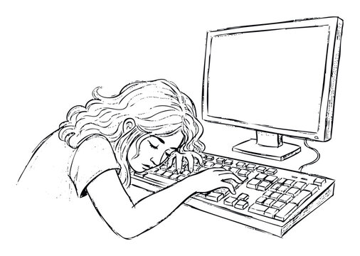 A weary young woman with wavy hair is asleep on her desktop computer keyboard, portraying concepts of overwork, stress, or needing rest for health awareness campaigns.