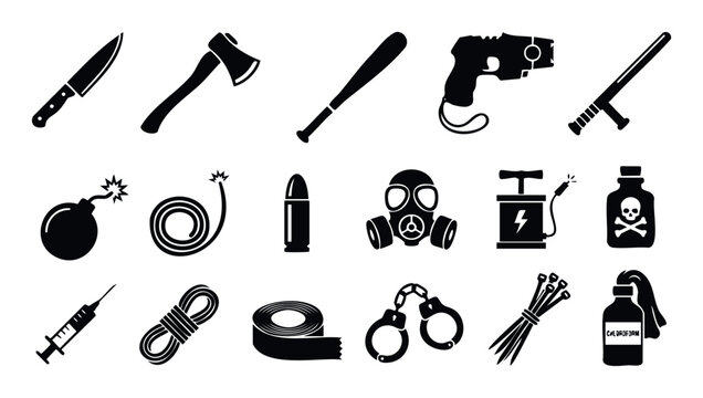 A comprehensive collection of dangerous weapons, tools, and criminal items provides a striking visual resource for crimerelated concepts, security awareness, and legal themes