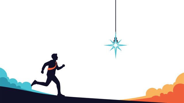 Silhouette of a man energetically running towards a dangling star against a split-tone background, symbolizing the pursuit of goals, ambition, and striving for excellence.
