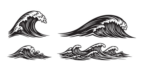 Obraz premium Black and white silhouette ocean wave design, dynamic surf art with motion and marine energy