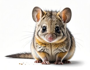 Close-up of a small, fluffy marsupial with large ears, looking directly at the viewer