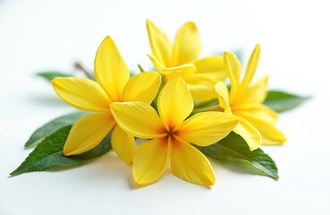 Obraz premium Bright yellow flowers with green leaves are arranged. Small petals form a star shape. Tropical plant blooms, fresh and vibrant, perfect for decor.