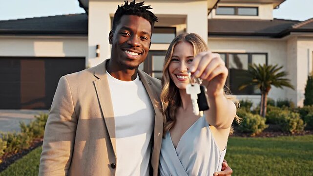 Happy Diverse Couple Poses in Front of Modern Luxury Home Holding Keys Joyful Moment of New Homeownership