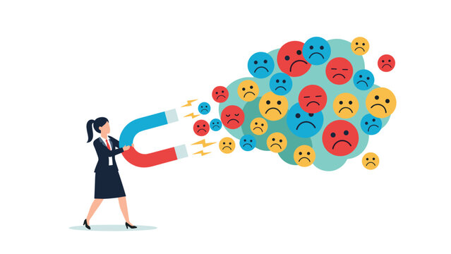 Businesswoman using a large magnet to attract a cloud of sad, angry, and unhappy emoji faces, representing customer dissatisfaction or negative feedback.