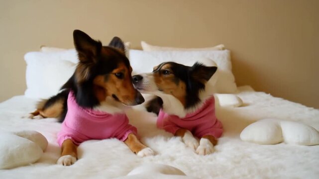 Two shelties in pink sweaters nuzzle noses on a white bed with white heart pillows in elegant diffused light, concept of intelligent tenderness and refined bond