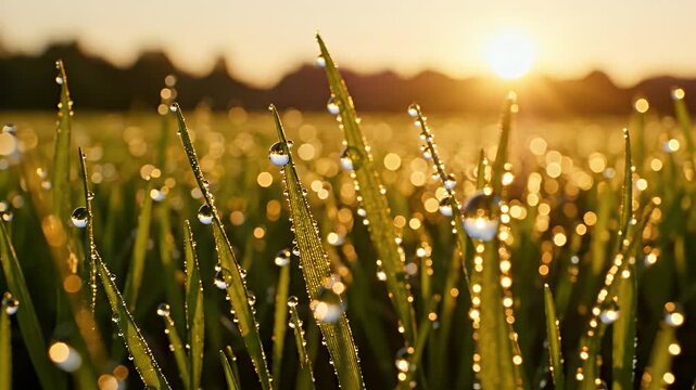 Golden Sunrise Over Dew Covered Green Field with Bokeh Effect Macro Shot of Fresh Grass Blades Reflecting Sunlight