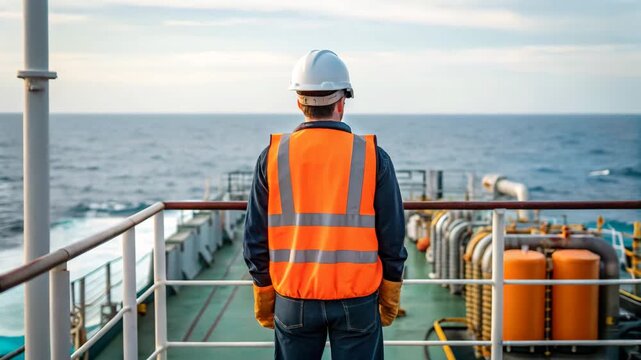 Marine engineer ship deck wearing safety vest and hard hat overlooking ocean horizon with industrial equipment sunset contemplative maritime