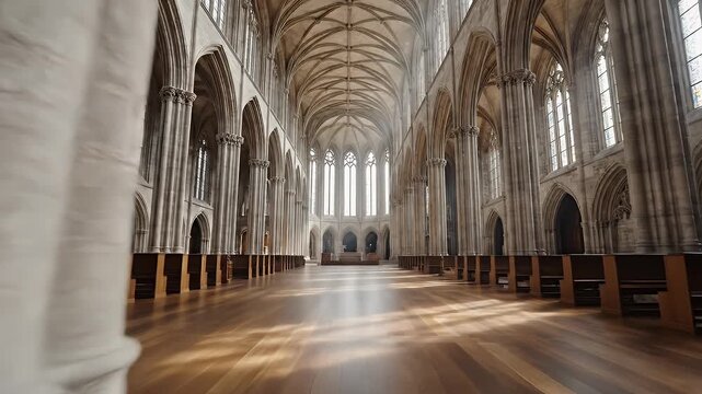 Grand Gothic Cathedral Interior With Tall Stone Columns Ornate Arches And Wooden Pews Lit By Natural Sunlight Through