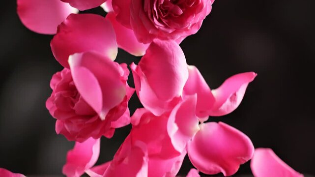 Pink rose petals falling against dark blurred background