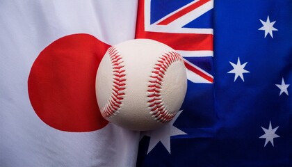 Fototapeta premium baseball placing between japan flag and australia flag