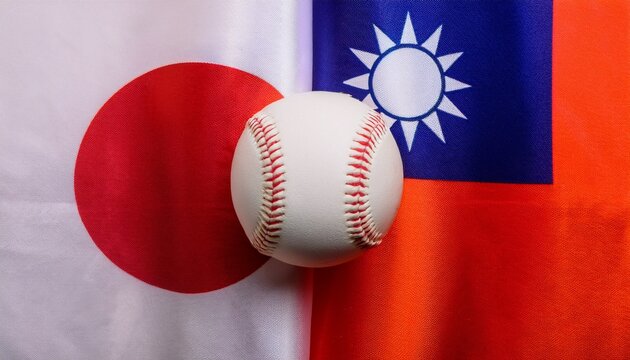 baseball placing between japan flag and taiwan flag