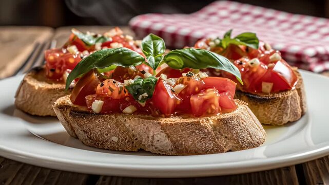 Plate of bruschetta topped with fresh tomatoes and basil