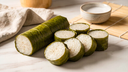 Rustic display of traditional lemang served on a wooden plate. This iconic food highlights the rich rice culture of Indonesia, ideal for travel and lifestyle editorial content.