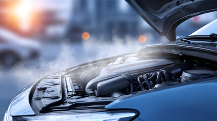 Fototapeta premium Detailed View Of Metal Car Engine Under Hood With Visible Steam