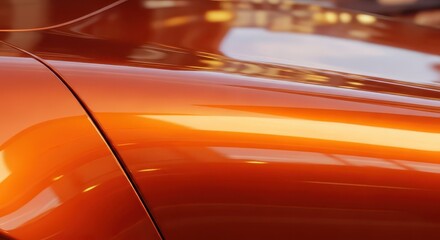 Highly reflective, polished orange exterior panel demonstrates automotive body curvature and finish