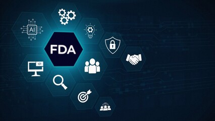 Fototapeta premium FDA Approved Food and Drug Administration concept. Businessman using laptop with FDA icon on virtual screen for Health product standards control, 3D dark blue background. illustration