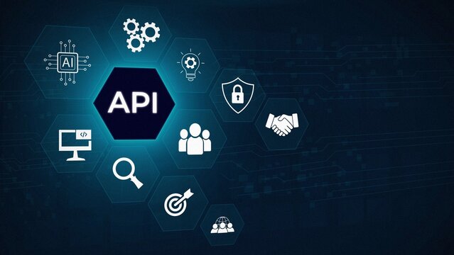 API Application Programming Interface Concept. A programmer types on a laptop, interacting with digital icons representing API development, security. 3D dark blue background, 3d illustration
