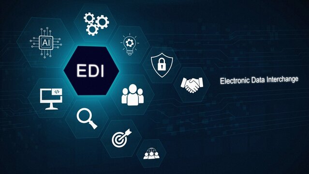 EDI, Electronic Data Interchange Concept. Businessman touching on EDI (Electronic Data Interchange) icons, global data transfer, digital security, 3D dark blue background. illustration