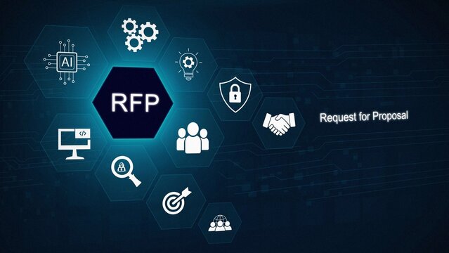 RFP, Request for Proposal Business Concept. icon representing Request for Proposal (RFP) process, including procurement, 3D dark blue background .illustration