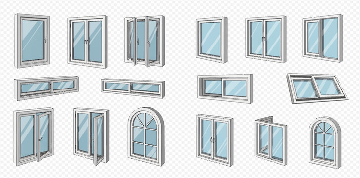 Set of various white plastic windows with glass, open and closed, in different shapes and sizes, isolated on a transparent background.