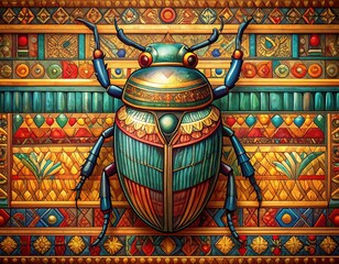 A vibrant, stylized illustration of a scarab beetle set against a decorative, intricate, geometric backdrop reminiscent of ancient art