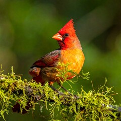 Fototapeta premium Close-up of a vibrant red cardinal perched on a moss-covered branch against a blurred green backdrop