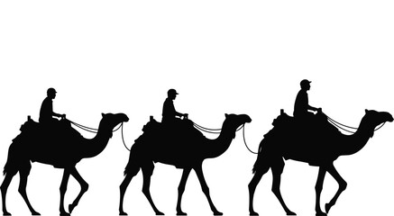 Black silhouette of people riding camels in a caravan, desert travel illustration, middle eastern safari, isolated on white background, vector
