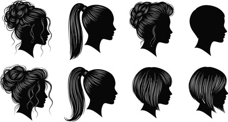 Black silhouette set of woman head profiles with various hairstyles including ponytail messy bun bob cut and braids for beauty salon